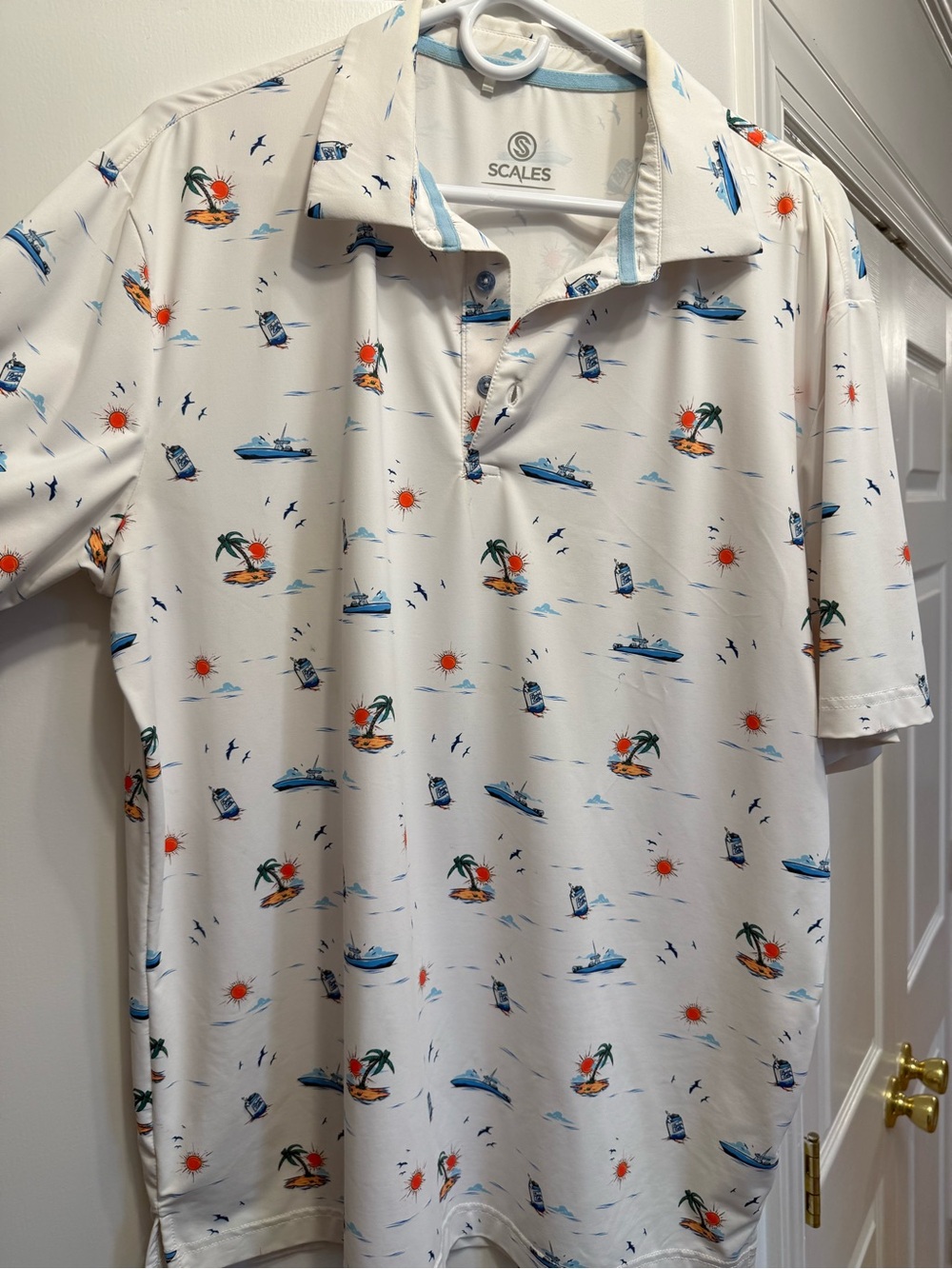 Scales White Tropical Boat Print Shirt - Large